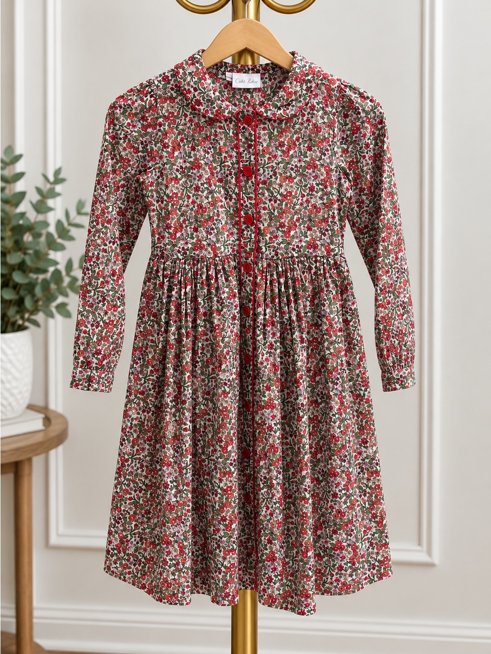 Rachel Riley Girls 10Y Red Green Floral Long Sleeve Button Front Dress